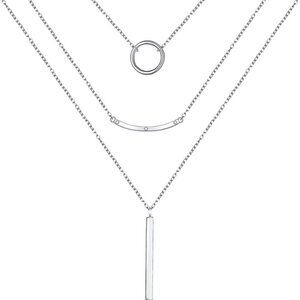 S925 Sterling Silver Layered Necklaces Multi 3 Layer Circle Bar Boho Long Triple